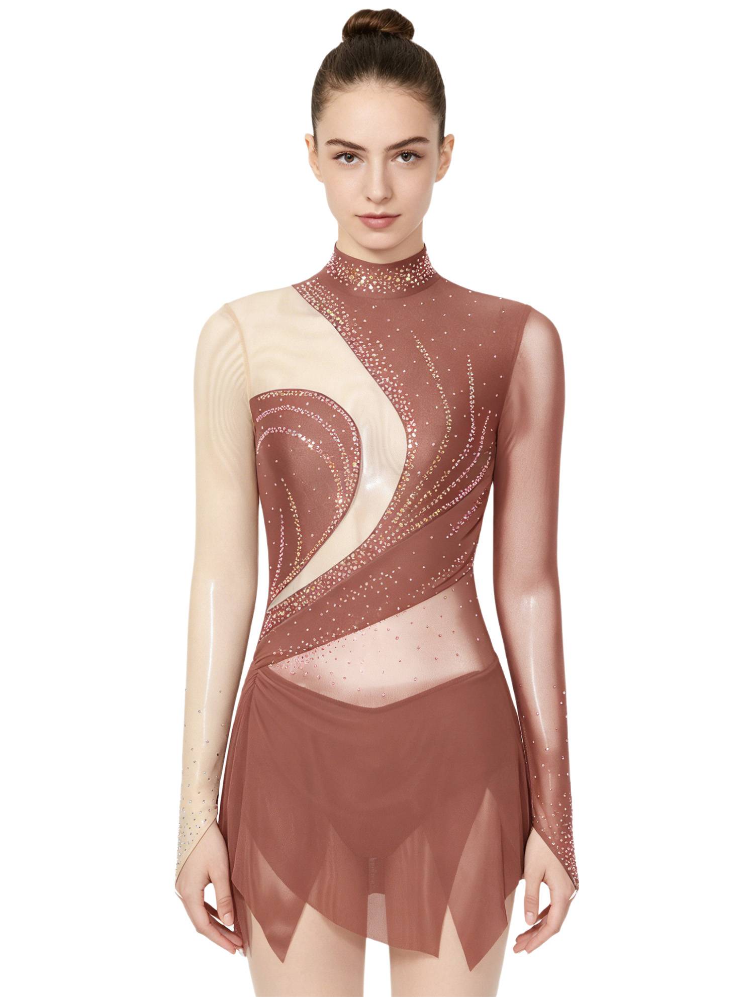 Women Rhinestone Mock Neck Figure Skating Dress for Gymnastics & Latin Dance