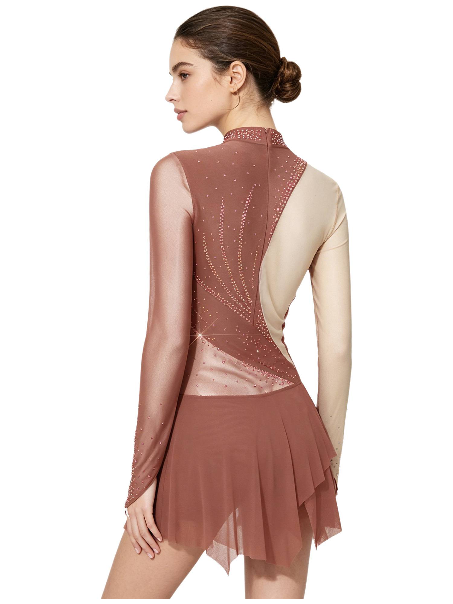 Women Rhinestone Mock Neck Figure Skating Dress for Gymnastics & Latin Dance