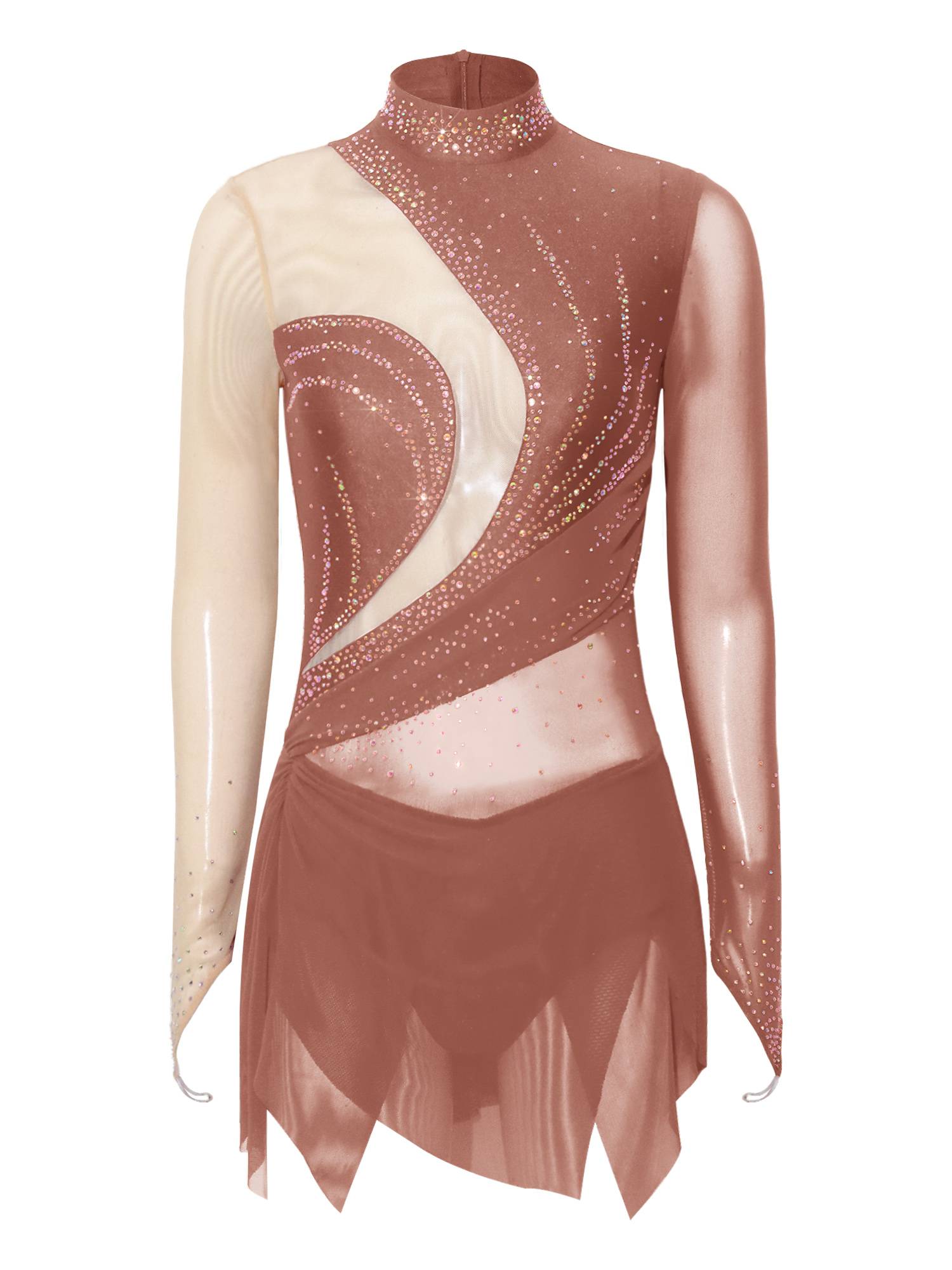 Women Rhinestone Mock Neck Figure Skating Dress for Gymnastics & Latin Dance