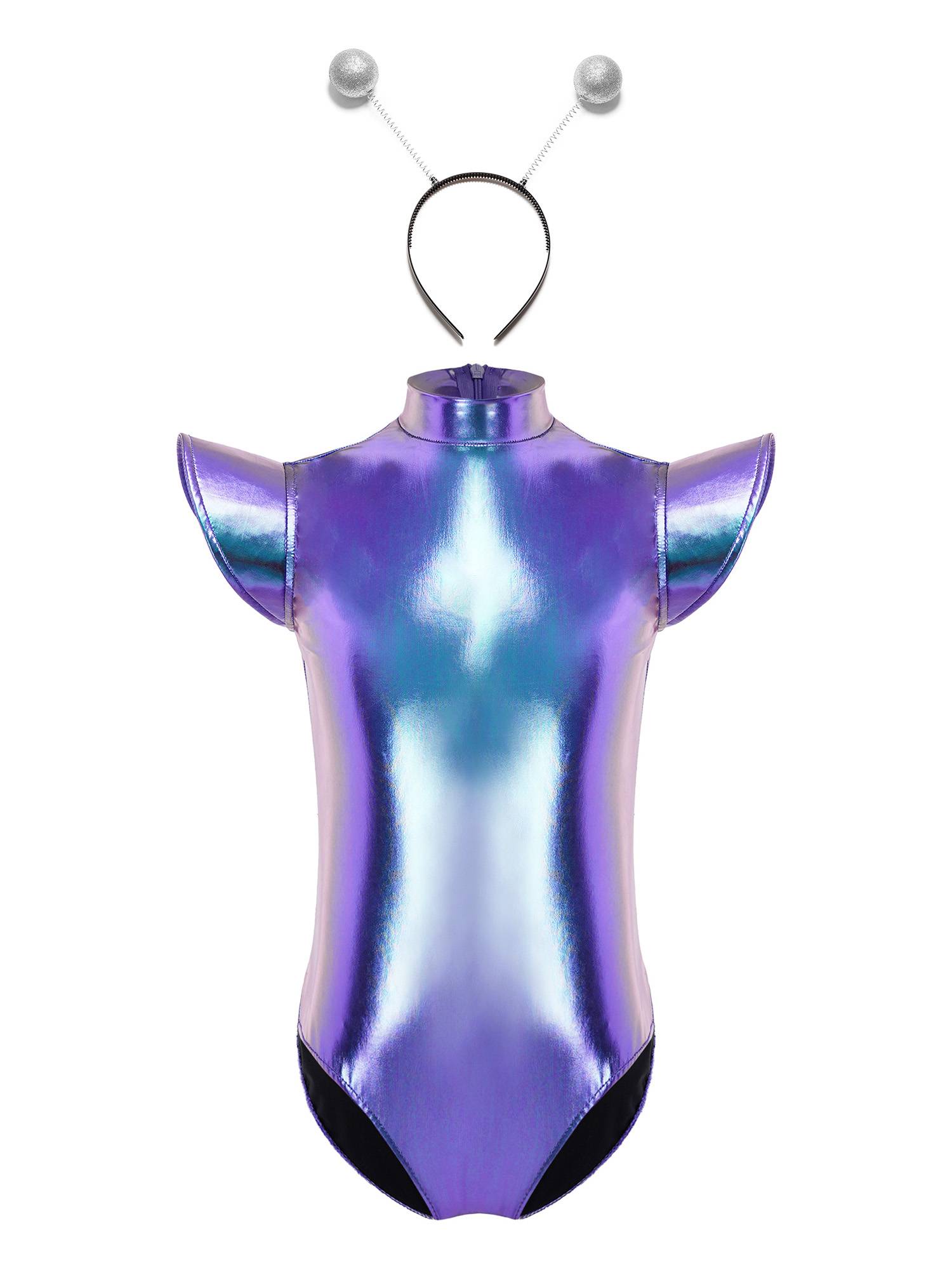 Girls Metallic Cap Sleeve Alien Cosplay Leotard with Hair Hoop for Halloween