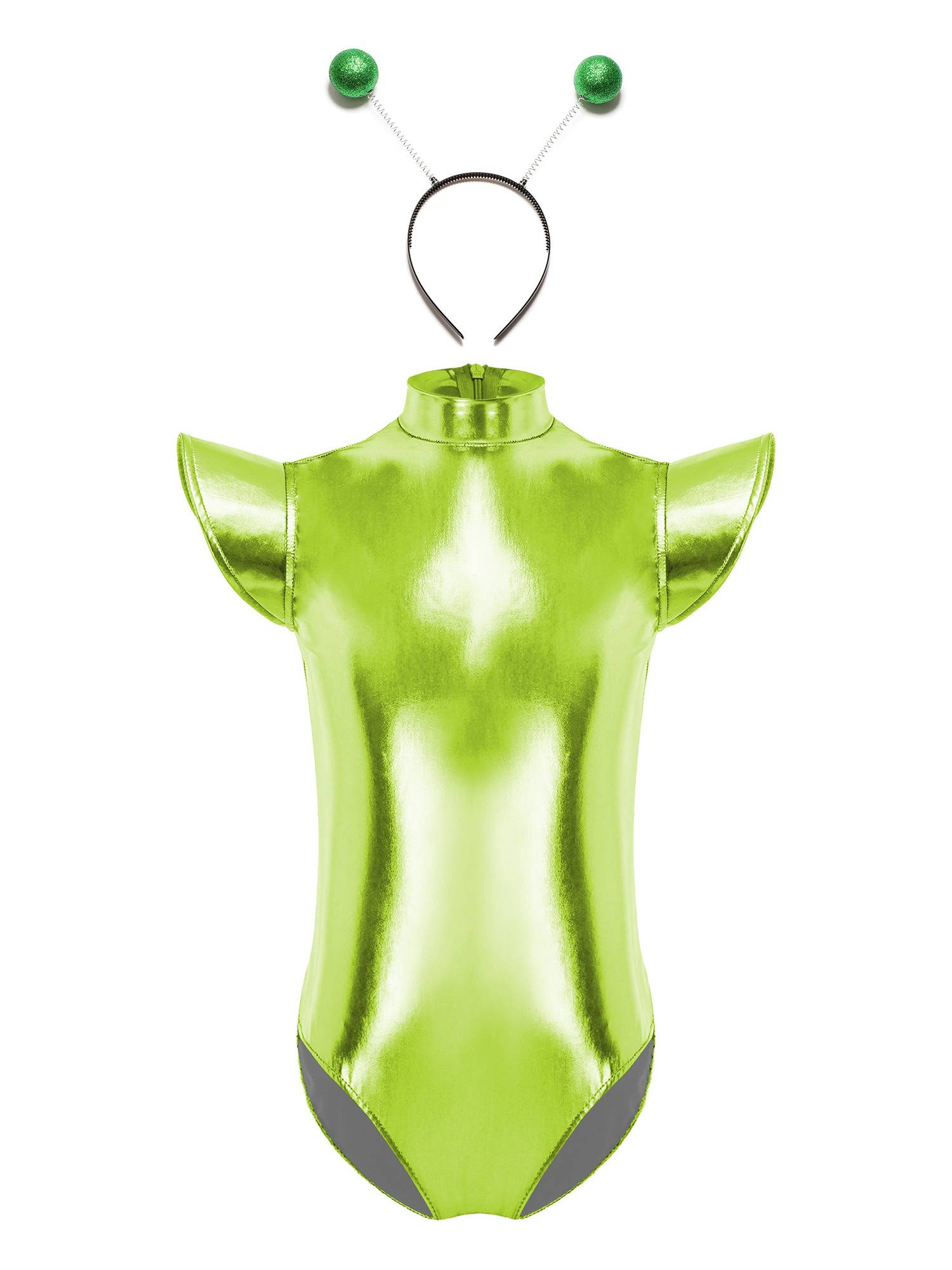 Girls Metallic Cap Sleeve Alien Cosplay Leotard with Hair Hoop for Halloween