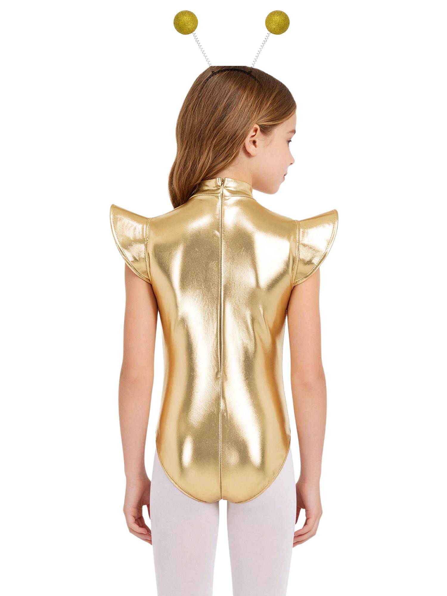 Girls Metallic Cap Sleeve Alien Cosplay Leotard with Hair Hoop for Halloween