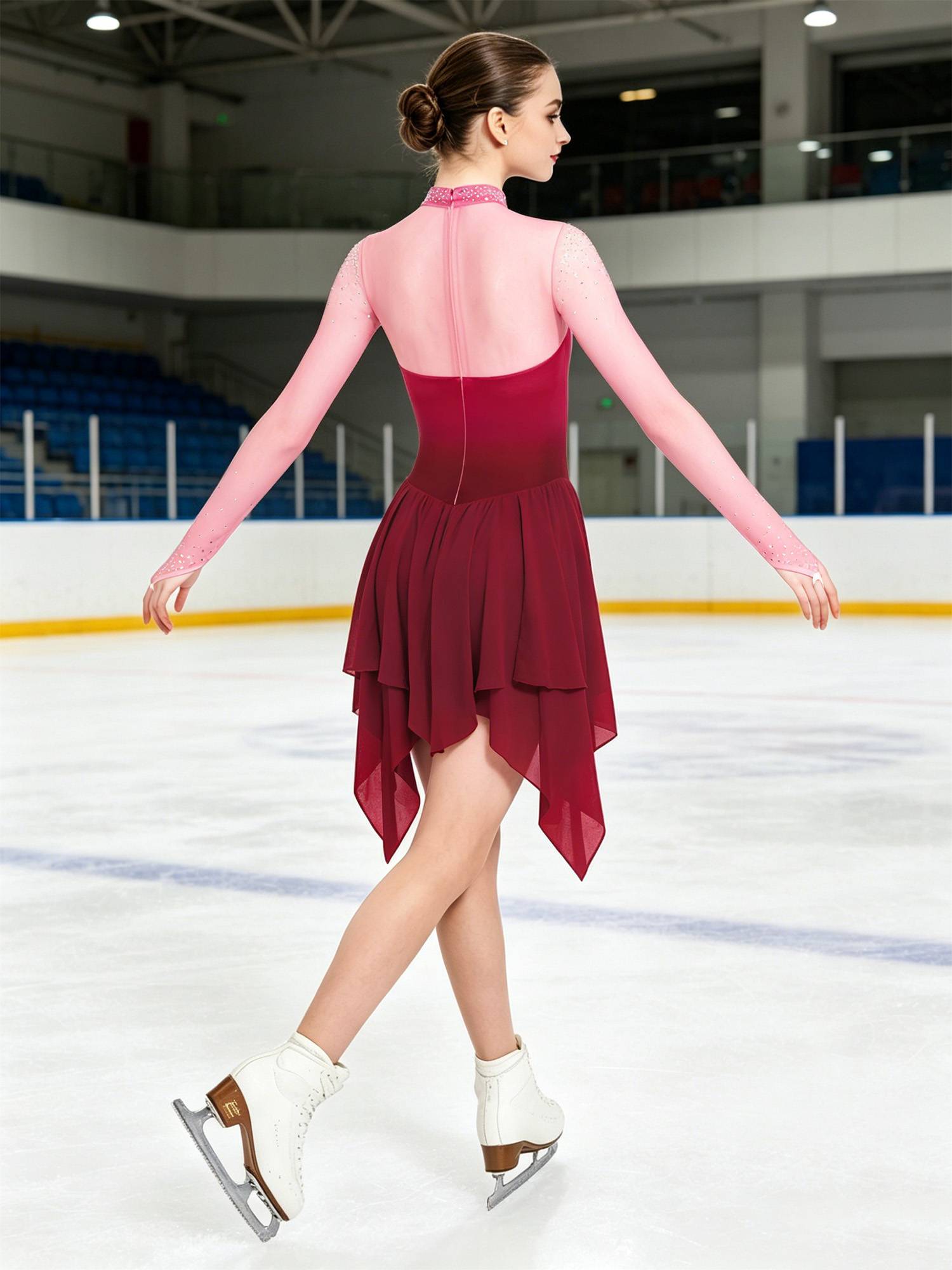 Women Gradient Long Sleeve Figure Skating Dress Lyrical Dancewear