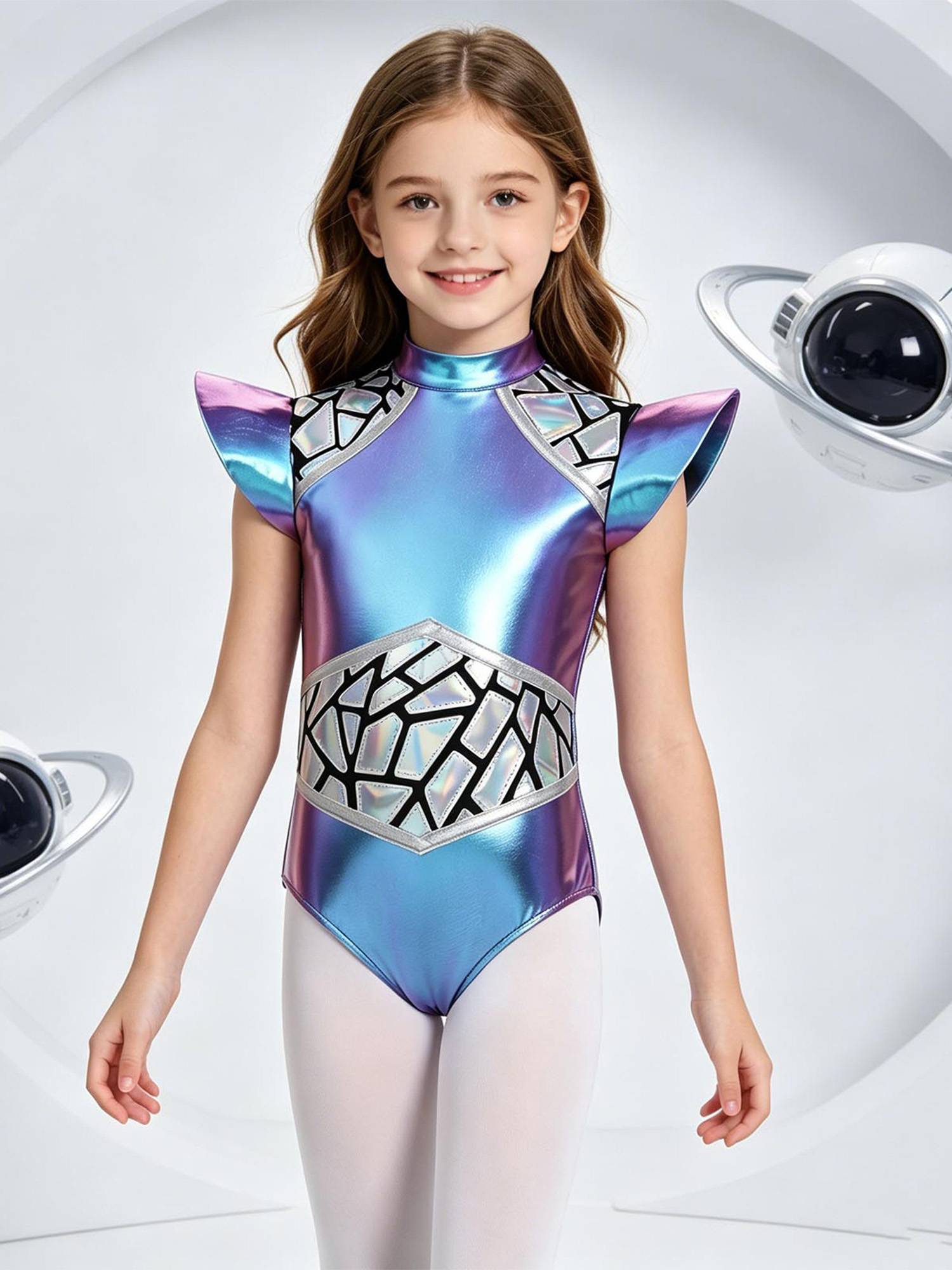 Girls Space Galaxy Leotard Metallic Cap Sleeve Bodysuit for Halloween Cosplay