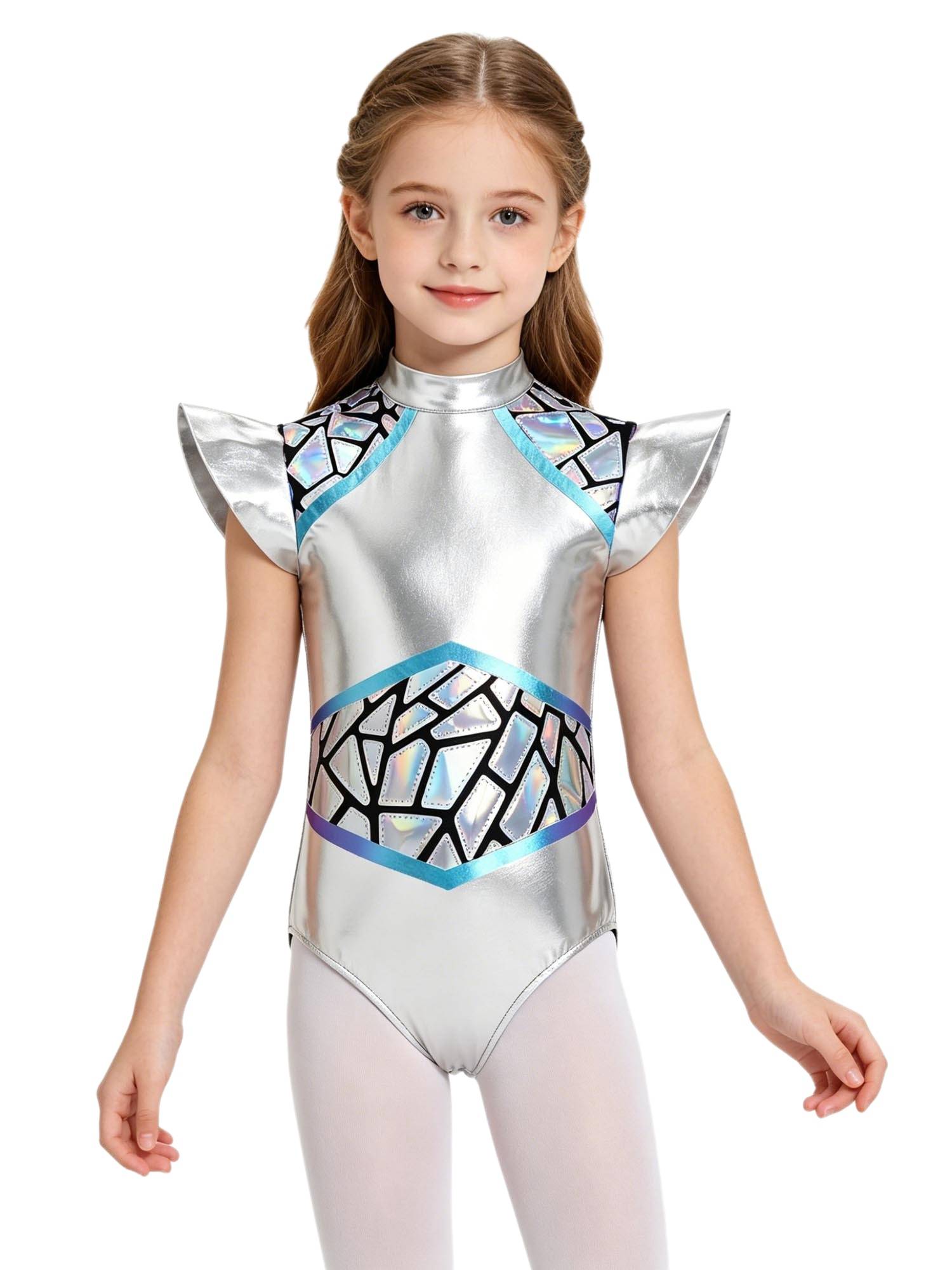 Girls Space Galaxy Leotard Metallic Cap Sleeve Bodysuit for Halloween Cosplay