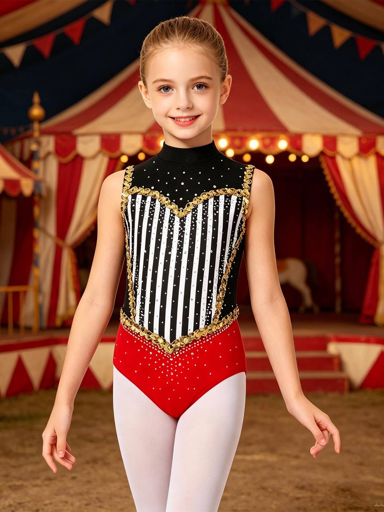 Kids Girls Leotard Performance Bodysuit Carnival Ringmaster Circus Cosplay Show