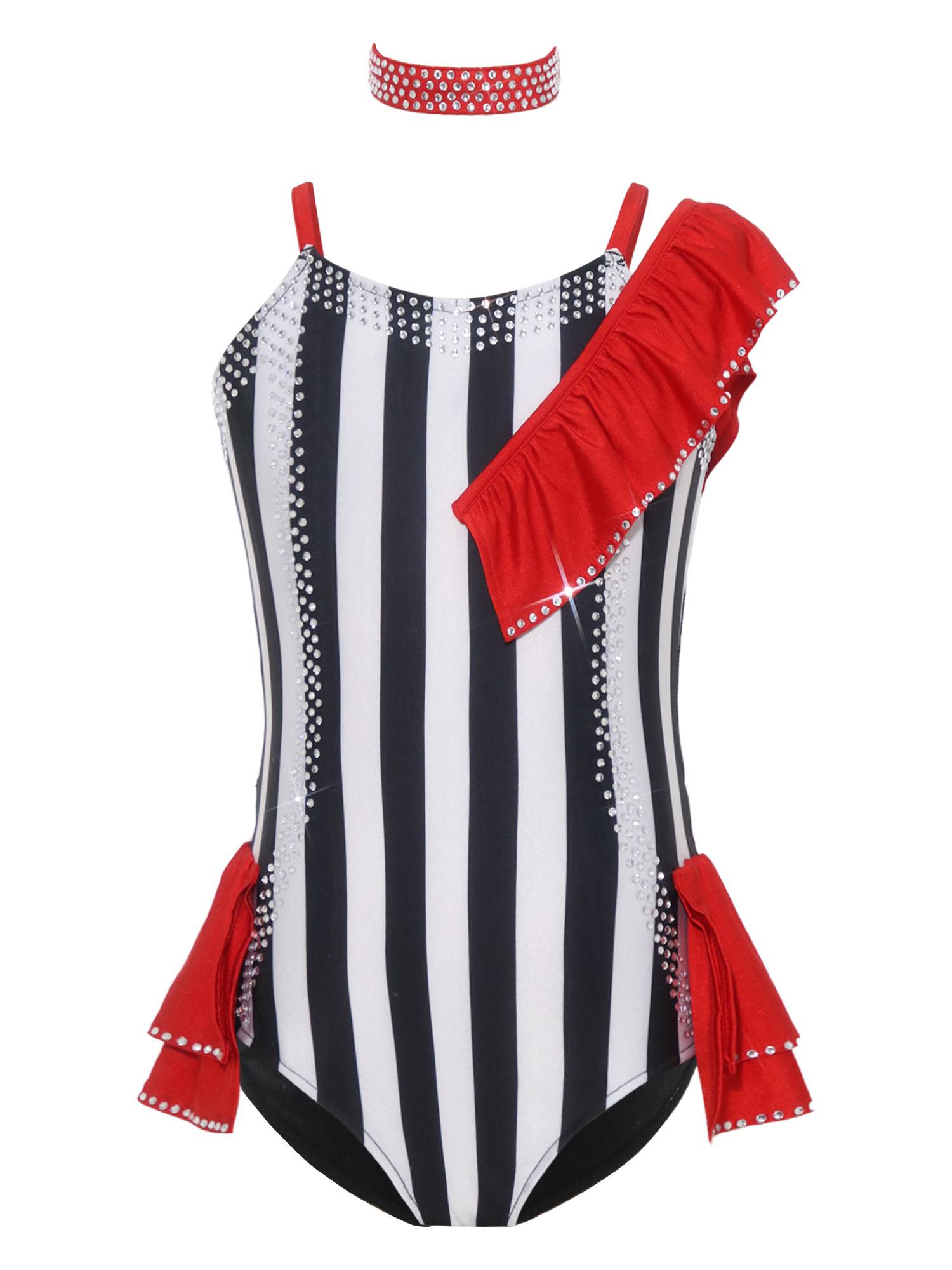 Girls Sequin Striped Circus Ringmaster Costume Bodysuit & Choker for Halloween