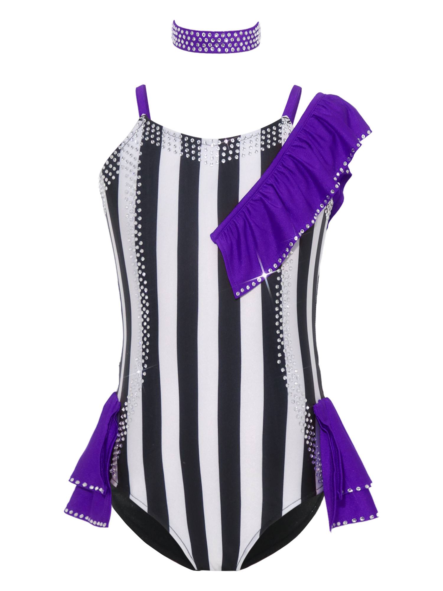 Girls Sequin Striped Circus Ringmaster Costume Bodysuit & Choker for Halloween