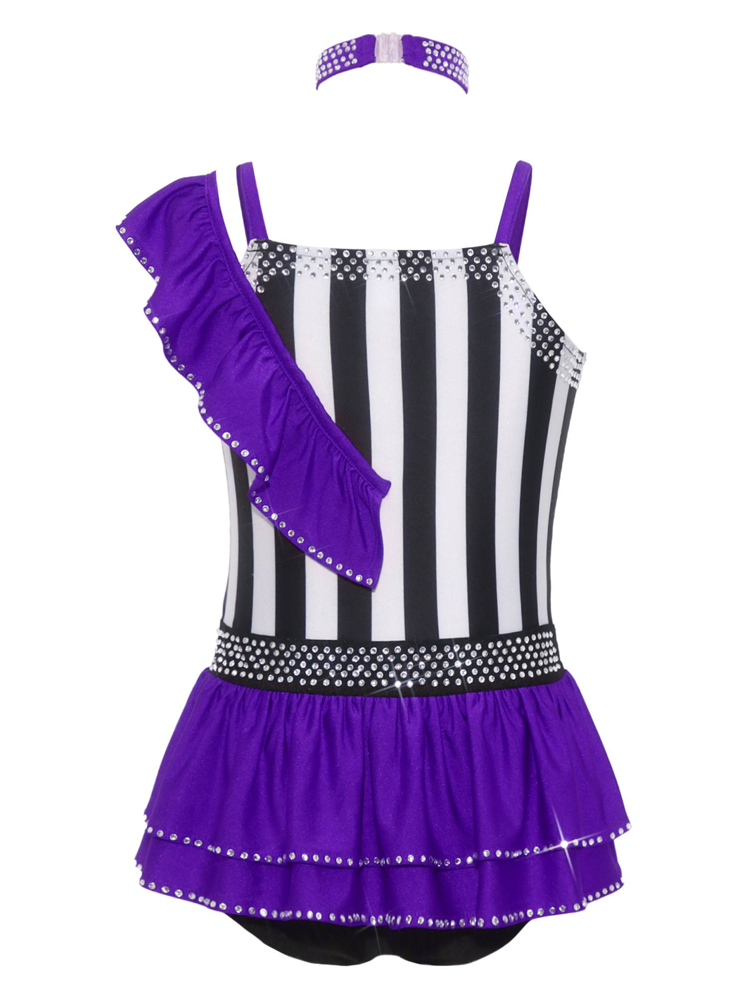 Girls Sequin Striped Circus Ringmaster Costume Bodysuit & Choker for Halloween