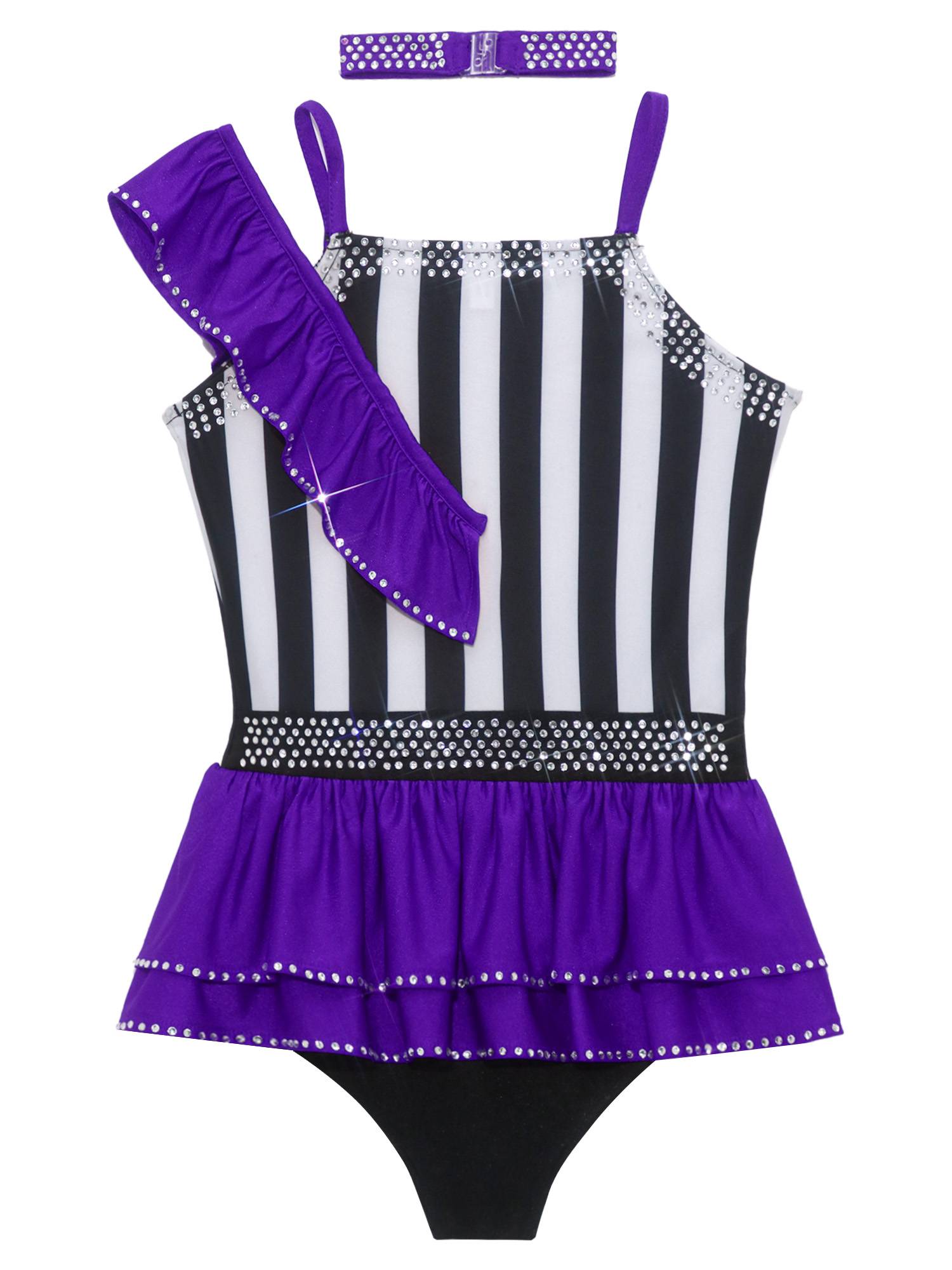 Girls Sequin Striped Circus Ringmaster Costume Bodysuit & Choker for Halloween