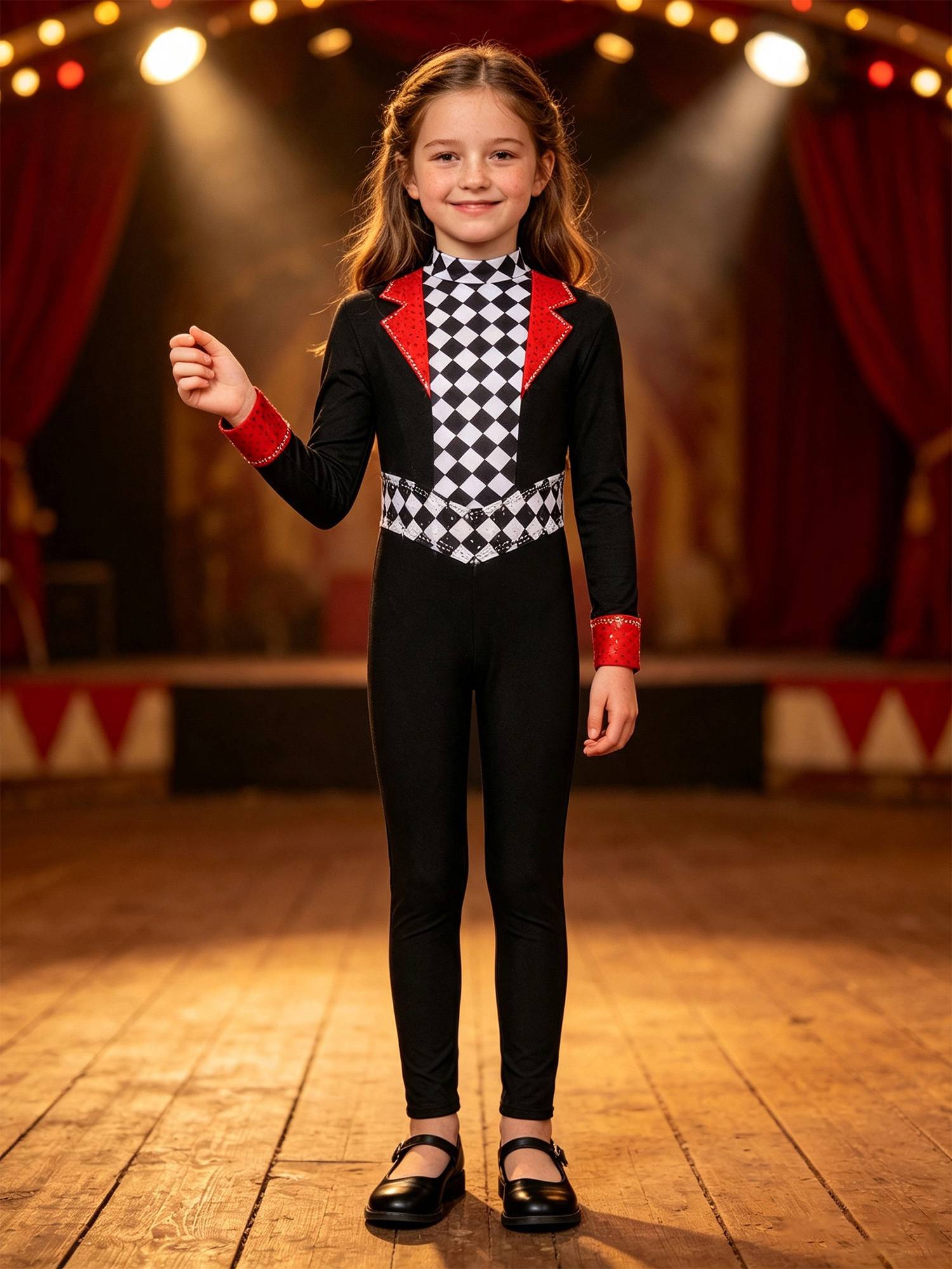 Girls Long Sleeve Rhinestone Circus Ringmaster Jumpsuit for Halloween Masquerade