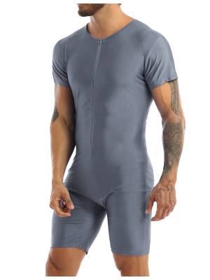 Men Short Sleeve Front Zipper Soft Boxer Briefs Gymnastic Leotard back image