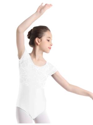 Kids Girls Short Sleeves Floral Lace Ballet Dance Leotard back image
