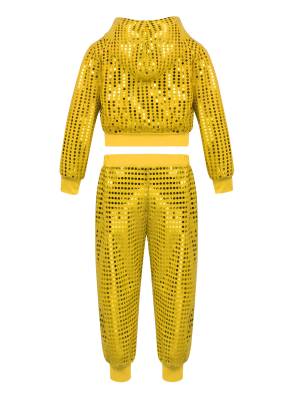 Kids Boys Girls Sequins Long Sleeve Hooded with Pants Hip-hop Jazz Dance Set back image