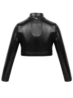 Kids Girls Long Sleeves Mock Neck Glossy Metallic Dance Crop Top back image