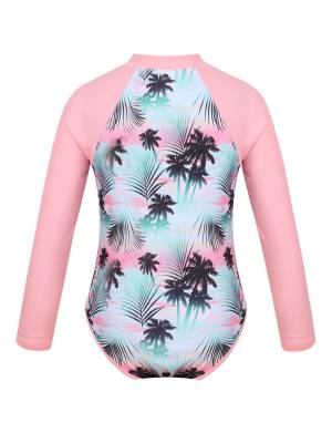Kids Girls One-piece Long Sleeves Floral Printed Rash Guard Swimsuit back image