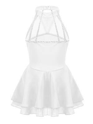 Kids Girls Sleeveless Figure Skating Leotard Dress with Rhinestone back image
