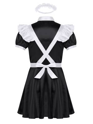 Men Puff Sleeve Dress with Apron and Headband Sissy Maid Cosplay Costumes back image