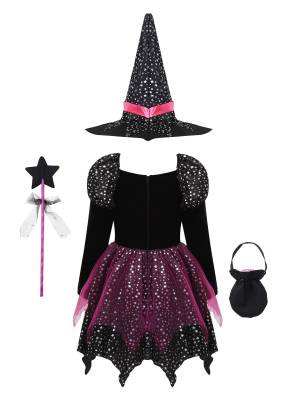 Kids Girls Halloween Long Sleeve Stars Dress with Hat Bag Witch Costume back image