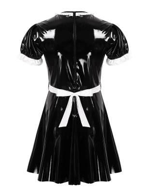 Men Round Neck Short Sleeve Patent Leather Maid Dress with Apron back image
