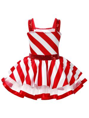 Kids Girls Christmas Sleeveless Sequins Striped Twirling Leotard Dress back image