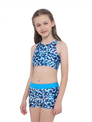Girls Two Pieces Sleeveless Crisscross Back Swimsuit Set back image