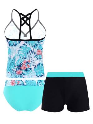 Kids Girls 3Pcs Floral Printed Tankini with Shorts Swimsuit Set back image