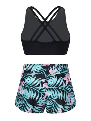 Kids Girls 2pcs Scoop Neck Straps Criss Cross Crop Top and Shorts Sports Set back image