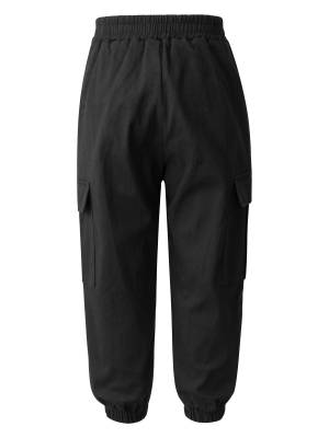 Kids Boys Solid Color Cotton Elastic Waistband Pockets Dungarees Pants back image