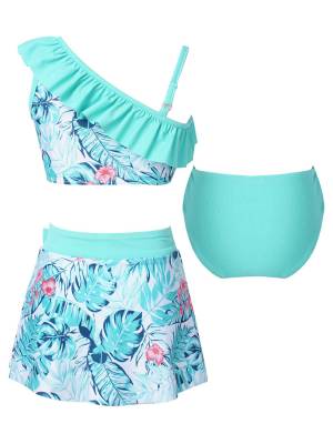 Kids Girls 3pcs One Shoulder Ruffle Top with Skirt and Briefs Swim Set back image