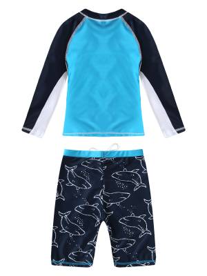Kids Boys 2pcs Long Sleeves Cartoon Shark Print Swimming Set back image