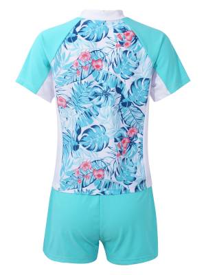 Kids Girls 2pcs Tropical Floral Print Top and Shorts Swimsuit Set back image