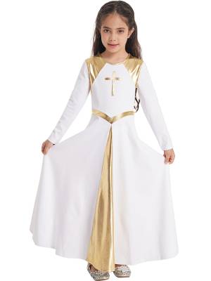 Kids Girls Long Sleeve Cross Pattern Liturgical Praise Dance Dress Choir Robe back