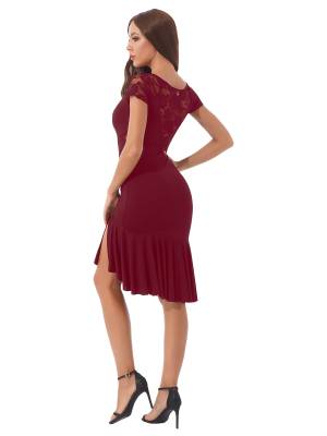 Women Floral Lace Side Slit Latin Jazz Dance Dress back image