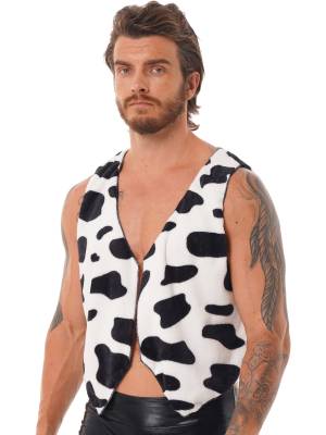 Men V Neck Sleeveless Open Front Cow Printed Flannel Waistcoat back image
