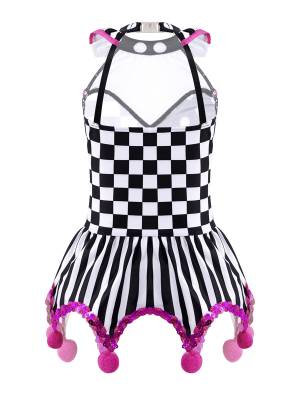 Kids Girls Circus Clown Costume Sleeveless Plaid Polka Dots Dress back image
