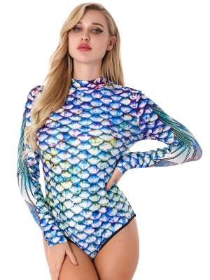 Women Long Sleeves 3D Print Mermaid Bodysuit One Piece Swimsuit back image