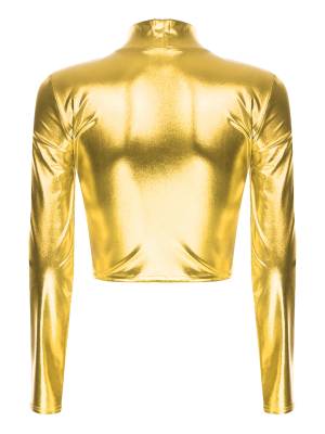 Women Metallic Long Sleeve Solid Color Slim Fit T-shirt For Jazz Dance back image