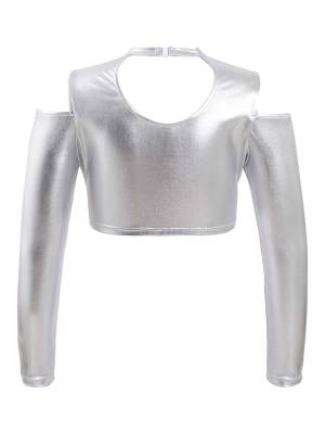 Kids Girls Long Sleeves Cold Shoulder Glossy Metallic Jazz Crop Top back image