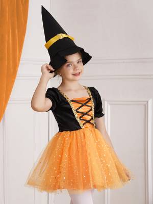 Kids Girls Short Sleeve Mesh Tutu Dress with Pointed Hat Witch Costume Set back image