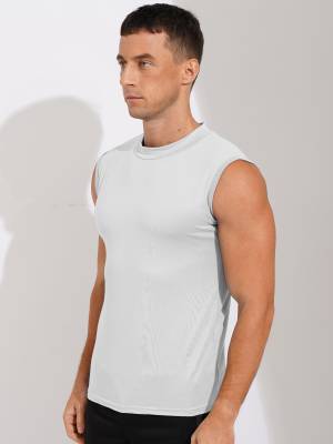Men Sleeveless Solid Color Slim Fit Mock Neck Sports T-shirt back image