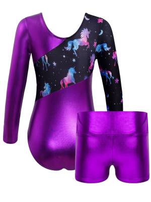 Kids Girls Long Sleeve Printed Patchwork Leotard with Shorts Sport Set back image