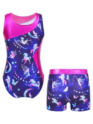 Kids Girls 2pcs Unicorn Rainbow Printed Gymnastics Dance Sets back image