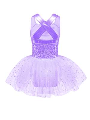 Kids Girls Sleeveless V Neck Sequins Crisscross Ballet Dance Dress back image