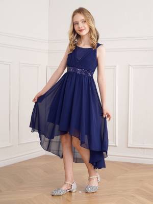 Kids Girls Shiny Sequin Ruched High-Low Party Dress front image