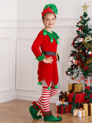 Kids 5pcs Christmas Long Sleeve Dress with Belt Stockings Shoes Elf Costume back image