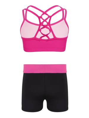 Kids Girls 2pcs Solid Color Strappy Crop Top and Shorts Sports Set back image