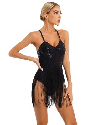 Women Straps Sequins Fringed Latin Dance Leotard back image