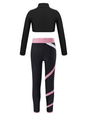 Kids Girls 2pcs Long Sleeves Crop Top and Colorblock Leggings Sports Set back image