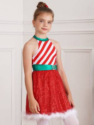Kids Girls Christmas Halter Neck Sleeveless Sequins Stripe Feather Trim Dress back image